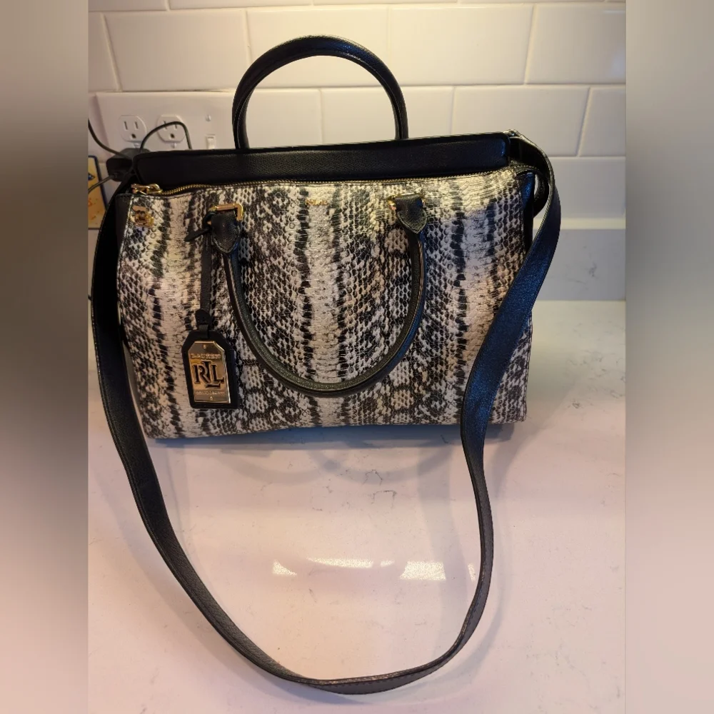 Lauren Ralph Lauren Whitby Black and White Snakeskin Satchel